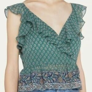Veronica Beard Randa 100% Silk Green Paisley Ruffle Trim Top NWT Size 10